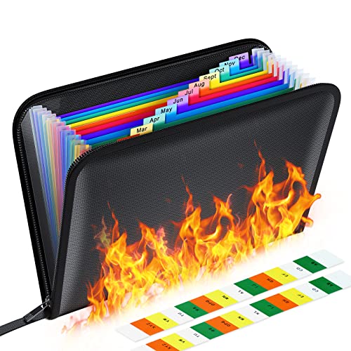 Fireproof File Organiser, Expanding File Folder Fireproof and Waterproof Document Bag with Fire Resistant Zipper, Portable Files Organisers A4 for Bills and Valuables Storage Protection(13 Pockets)