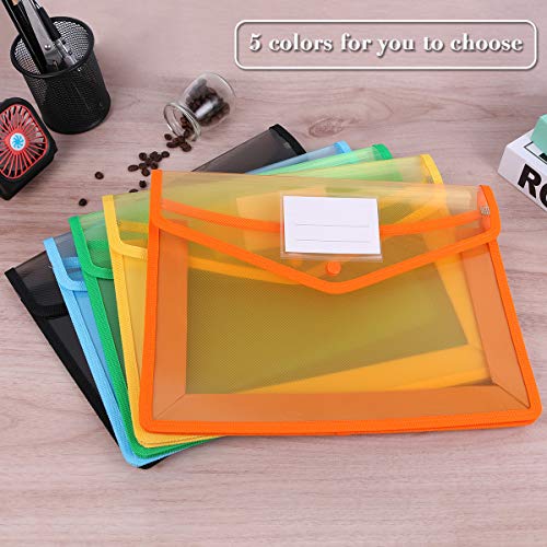 A4 Plastic Wallet Folders Popper,5 Pack Popper Envelope Files Folders with Snap Closure and Card Slot, Large Capacity Document Premium Pockets, Files Wallets for School Office Home, Assorted Colors