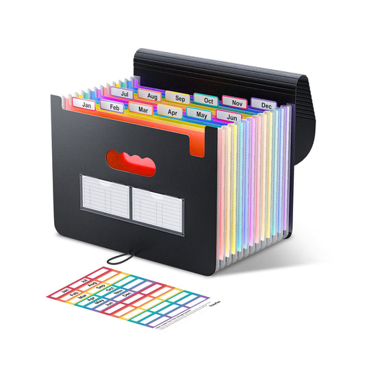 Accordian File Organizer 12 Pockets - Expanding File Folder Expandable Cover,Portable Filing Box,Desktop Accordion Folders,Plastic Colored Paper Document Paperwork Receipt Organizer(A4 Size)