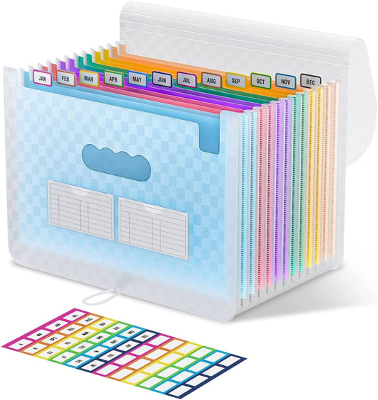 ThinkTex Accordian File Organizer, 12 Pockets Expanding File Folders, Portable Monthly Bill Receipt Organizer, Colorful Tabs, Letter/A4 Size - Blue