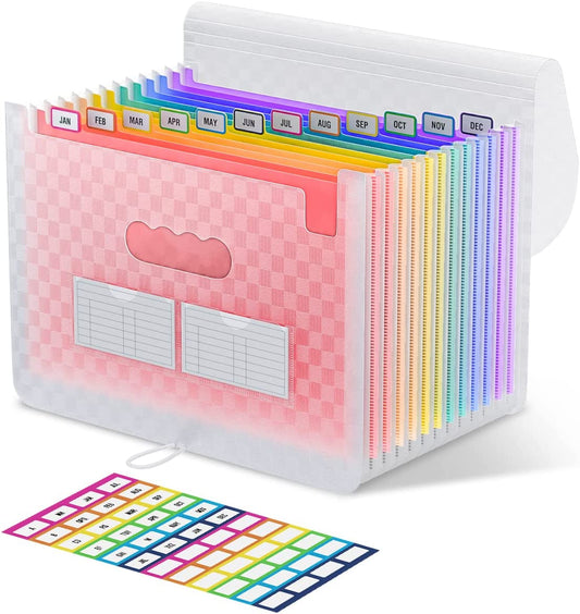 ThinkTex Accordian File Organizer, 12 Pockets Expanding File Folders, Portable Monthly Bill Receipt Organizer, Colorful Tabs, Letter/A4 Size - Pink