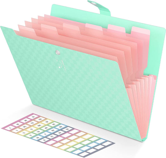 ThinkTex Cute Folder for School with 7 Pockets, Portable File Folders for Documents, Bright Colorful File Organizer, A4/Letter Size - Jade