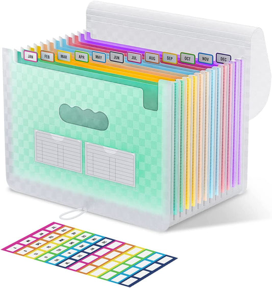 ThinkTex Accordian File Organizer, 12 Pockets Expanding File Folders, Portable Monthly Bill Receipt Organizer, Colorful Tabs, Letter/A4 Size - Green