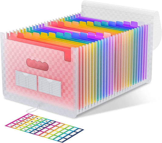 ThinkTex Accordian File Organizer, 26 Pockets Expanding File Folders, Monthly Bill Receipt Documents Organizer, Colorful Tabs, Letter/A4 Size - Pink