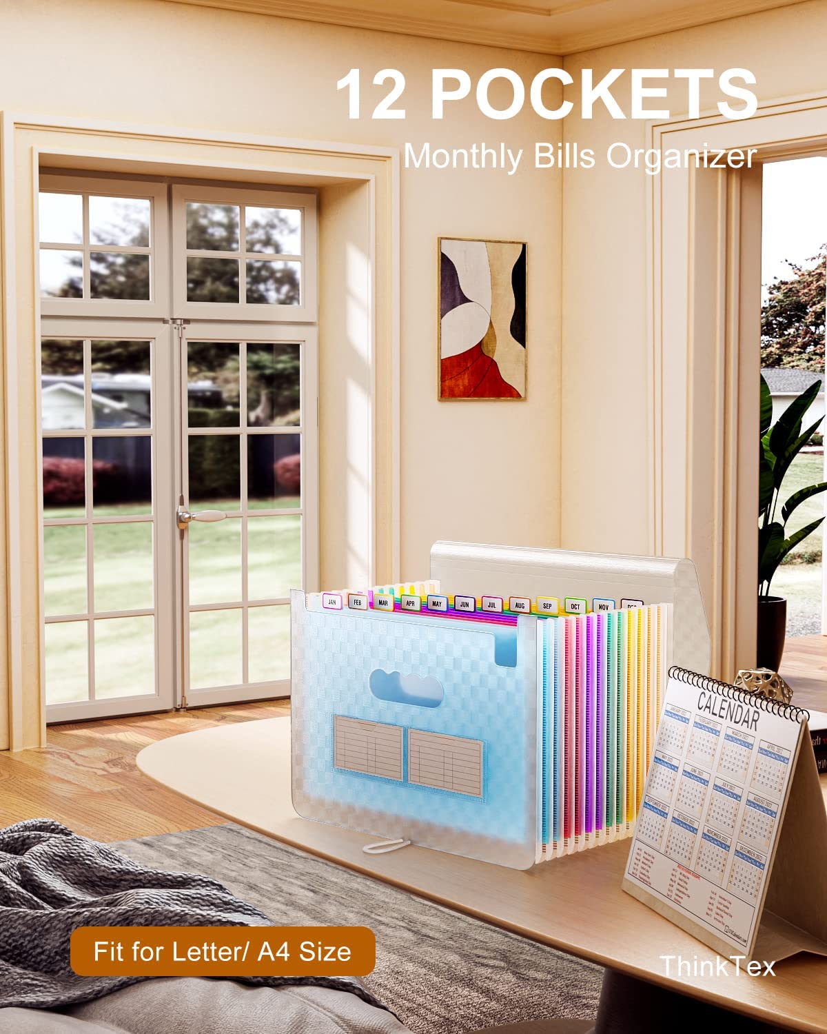 ThinkTex Accordian File Organizer, 12 Pockets Expanding File Folders, Portable Monthly Bill Receipt Organizer, Colorful Tabs, Letter/A4 Size - Blue