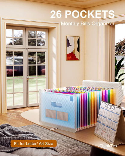 ThinkTex Accordian File Organizer, 26 Pockets Expanding File Folders, Monthly Bill Receipt Documents Organizer, A-Z Colorful Tabs, Letter/A4 Size - Blue