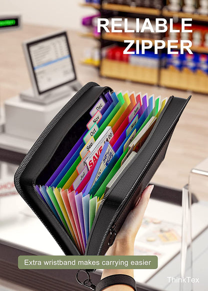 ThinkTex Receipt Coupon Organizer, 12 Pockets Small Accordian File Organizer, Junior Size 11x 6 Inches, Zipper Closure, Multi-Color Tabs