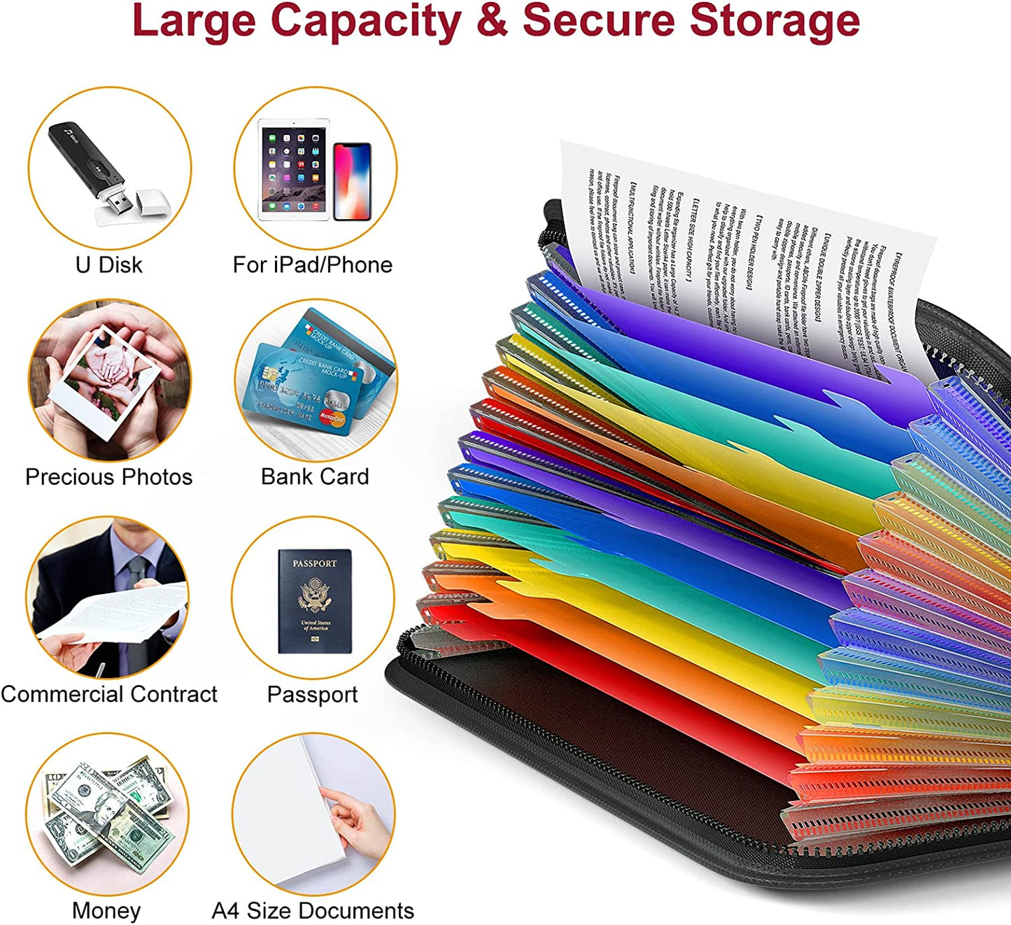 ThinkTex Important Document Organizer, Fireproof & Waterproof, 12 Pockets Zippered Accordion Files, Colorful Tabs, Letter/A4 Size